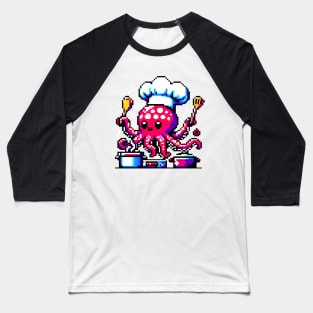 Pixel Art Chef Octopus - Vintage-Style Culinary Gaming Design Baseball T-Shirt